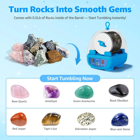 Kid Friendly Rock Tumbler Kit With Dual Noise Reduction, Timer, Three Speeds, And Memory Function, stone samples shown.