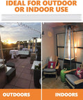 Replacement Glass Tube For 4 Sided Outdoor Liquid Propane Patio Heaters, shown outdoors and indoors, durable and temperature resistant