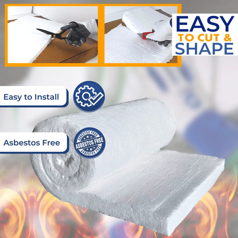 Ceramic fiber insulation blanket roll being cut; white, 8# 2400F, 2" x 24" x 75", asbestos-free