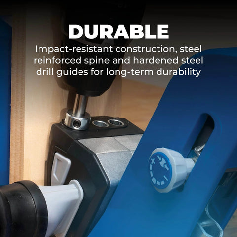 Close-up of Pocket-Hole Jig 720 with steel reinforced spine and adjustable clamping mechanism for precise wood jointing.