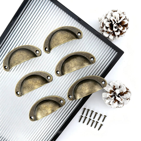 Six Pack Copper Shell Drawer Pulls Vintage Cup Style Furniture Hardware Solid Metal Cabinet Handles For Kitchen Refresh Home Makeover Upgrade That Really Hits Different displayed on a white background.