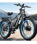 Hella Powerful 8000W Dual Motor Electric Bike For Adults showcasing black frame, blue-lit tires, and 1470Wh battery by a lake.