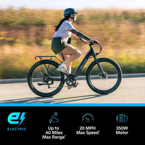 Electric Hybrid Bike With 350W Hub Motor, 27-Inch Wheels, Throttle Or Pedal Assist, Up To 20 MPH, Dope Daily Commute Cruiser For Adults, Lightweight Blue Frame Built For Easy Hills And All Day Comfort. Side view of rider on black frame electric hybrid bike with 27-inch wheels.