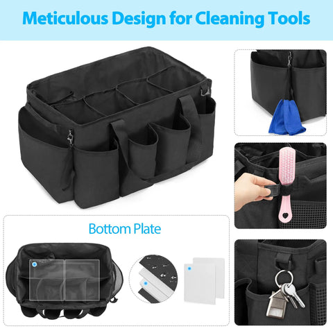 Big Ol Extra Large Cleaning Caddy Organizer With Sturdy Handles Five-Compartment Tote For Car, Home And Housekeeping Supplies Large Capacity Storage Bag Black with visible compartments and pockets