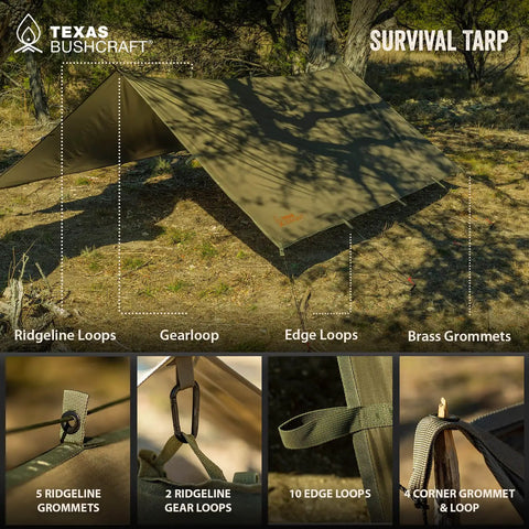 Beefy Waterproof 10x10 Camping Tarp Emergency Shelter with ridgeline loops, gear loop, edge loops, and brass grommets in forest setup.