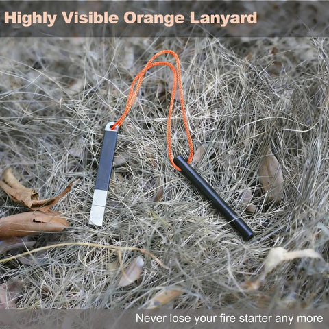 4 Inch Portable Ferro Rod Fire Starter Kit With Striker And Waterproof Case With orange lanyard on grass