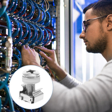 Technician using 16 Sets M6 X 20mm Server Rack Screws And Cage Nuts Kit For Computer Cabinets Enclosures And Network Equipment