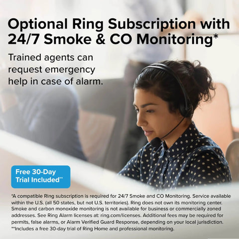 Customer service agent with headset for Smart Smoke And Carbon Monoxide Detector With Ring App Real Time Alerts