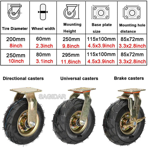 Straight Up Heavy Duty Rubber Caster Wheels Set Of Four Silent Pneumatic Swivel Casters With Double Ball Bearings Side Brakes Killer Traction For Wheelbarrows Tool Carts 10 Inch