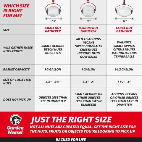 Comparison chart of small, medium, and large nut gatherers for pecans and golf balls, showing size, capacity, and collected object range.