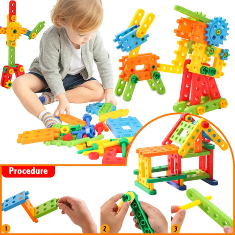 Totally Legit 92 Piece Screw Engineering Blocks Set With Sensory Construction Bricks For Creative STEM Learning Activities And Super Cool Kid Gift Ages 3 Plus. A child assembling colorful plastic blocks.