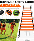 Adjustable agility ladder 10 rungs 20 ft for kids with orange plastic rungs and stakes for outdoor practice