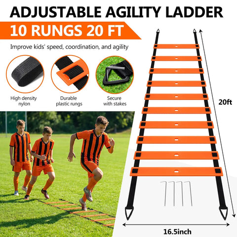 Adjustable agility ladder 10 rungs 20 ft for kids with orange plastic rungs and stakes for outdoor practice