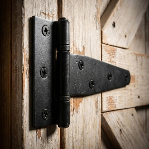 Heavy Duty 2 Inch T Hinges With 36 Screws For Outdoor Use Black T Strap Hinges For Wooden Fence Shed Doors Barn Doors Gate Hardware Ideal For Outdoor Projects. Close-up black metal T hinge on wooden fence gate.