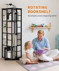 4 Tier 360 Degree Rotating Corner Bookshelf with Industrial Metal Frame and Spinning Storage Shelf displayed in cozy room.