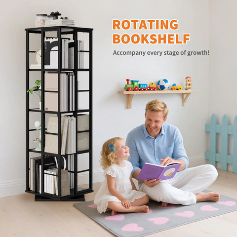 4 Tier 360 Degree Rotating Corner Bookshelf with Industrial Metal Frame and Spinning Storage Shelf displayed in cozy room.