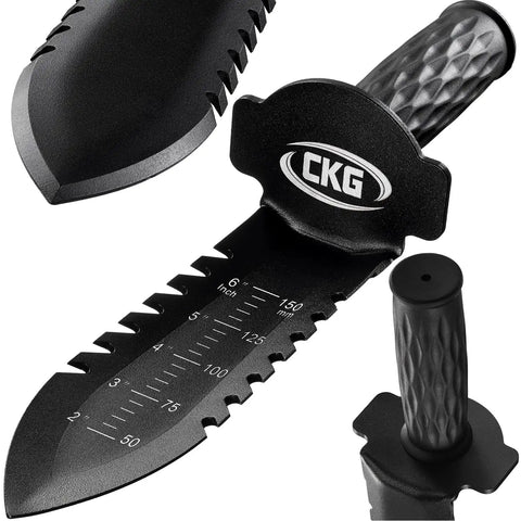 Beefy Heavy Duty Metal Detecting Shovel with Double Serrated Blade, tough steel, compact size, ideal for treasure hunting and landscaping.