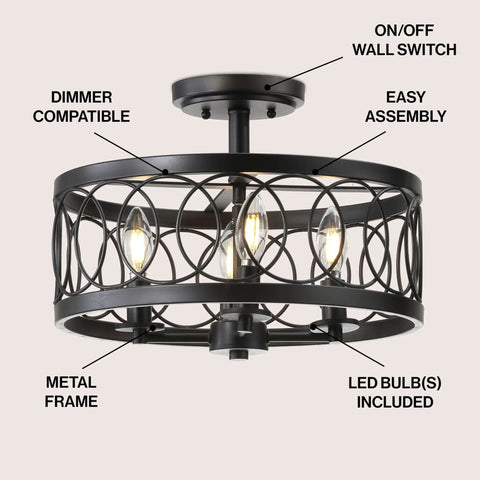 Oil Rubbed Bronze 15.5 Inch 4-Light LED Metal Semi Flush Mount Ceiling Light With Sleek Metal Fretwork Shade