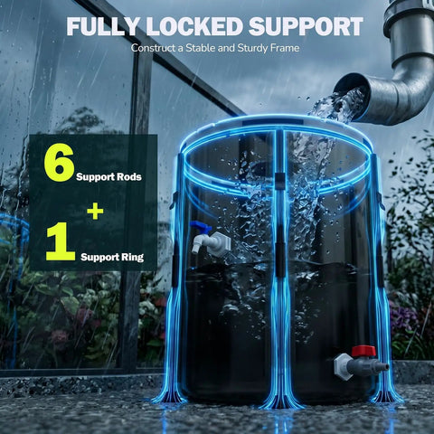 Collapsible 53 Gallon Rain Barrel With Spigot Portable Water Storage Tank shown under gutter with support rods and ring