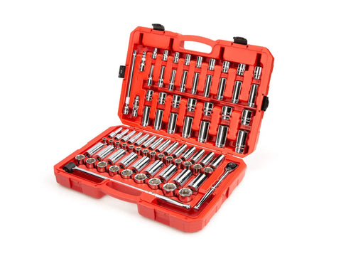 Half Inch Drive Socket Set With Deep And Shallow 6 Point Sockets, Ratchet And Beefy Case, 83-Piece From 3/8 To 1-5/16 Inch And 10 To 32 mm For Auto Repair And Home DIY in durable red case