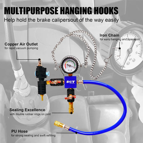 Boss Level 33 Piece Coolant Pressure Tester Kit and Vacuum Refill Tool with copper air outlet and PU hose for vacuum pumping.