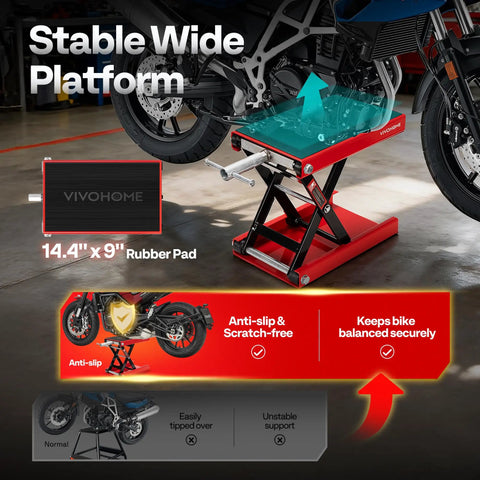 Heavy Duty 1100 Lbs Motorcycle Lift Scissor Jack with wide deck, height adjustable, red steel with crank, holding a bike securely.