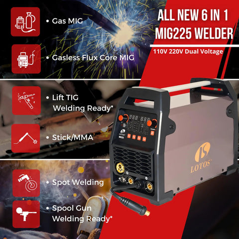 All-In-One MIG Welder Workhorse with Gas or Gasless Flux Core Lift TIG Stick Spot Weld Spool Aluminum Voltage Display