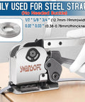 Tough As Nails Steel Banding Strapping Kit Featuring A Slick Tensioner Sealer Combo and Heavy Duty Metal Strap Crimping Tools for Daily Industrial Packing in use on a box.