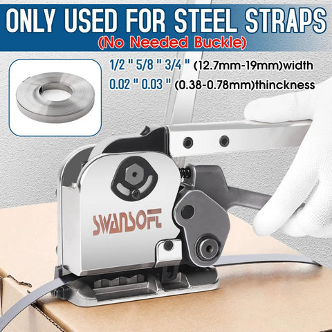Tough As Nails Steel Banding Strapping Kit Featuring A Slick Tensioner Sealer Combo and Heavy Duty Metal Strap Crimping Tools for Daily Industrial Packing in use on a box.