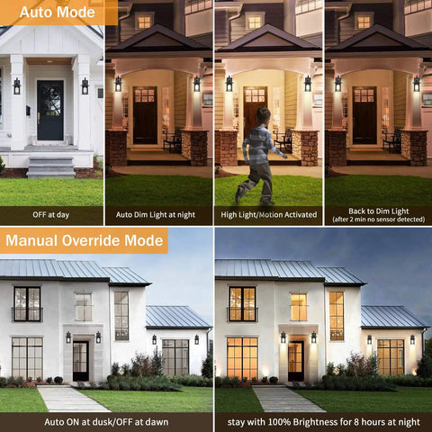 Motion Sensor Outdoor Wall Lights With Dusk To Dawn Sensor, Matte Black Exterior Lanterns in auto and manual mode settings