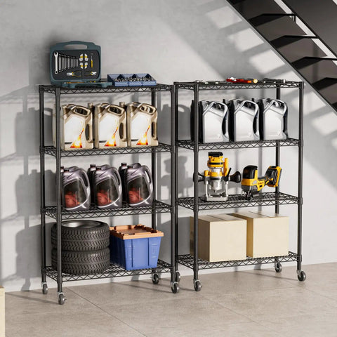 Built Like A Tank Four Tier Heavy Duty Wire Storage Shelves With Wheels loaded with tools and supplies in a garage setting