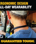 Back view of person wearing 2 In 1 Neckband Bluetooth Headphones With Built In Speakers Around Neck Wearable Jobsite Audio Wireless Headset