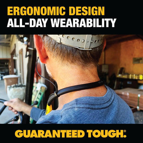 Back view of person wearing 2 In 1 Neckband Bluetooth Headphones With Built In Speakers Around Neck Wearable Jobsite Audio Wireless Headset