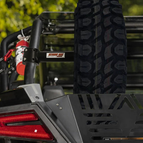 Spare Tire Mount For Polaris RZR XP Turbo Straight Tube Clamp Fits 1 3/4 Inch Roll Cage, heavy duty steel construction.
