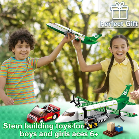 Kids playing with Awesome City Cargo Plane Building Set With Car And Movable Ladder 383 Blocks Cargo Tray And Airport Stairs