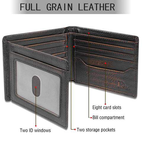 USA Flag Bifold Wallet For Men With RFID Blocking Full Grain Leather, open view showing multiple card slots and ID windows.