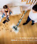 Heavy Duty Steam And Scrub Mop For Hard Floors All In One deep cleaning, removing stains on hardwood with a sleek grey build.