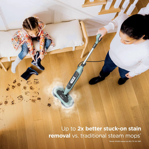 Heavy Duty Steam And Scrub Mop For Hard Floors All In One deep cleaning, removing stains on hardwood with a sleek grey build.