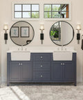 72 Inch Farmhouse Double Bathroom Vanity In Marine Gray Featuring Thick Engineered Marble Top And White Apron Sinks With Straight Up Solid Wood Drawers And Hella Durable Build, showcased in modern bathroom setting.