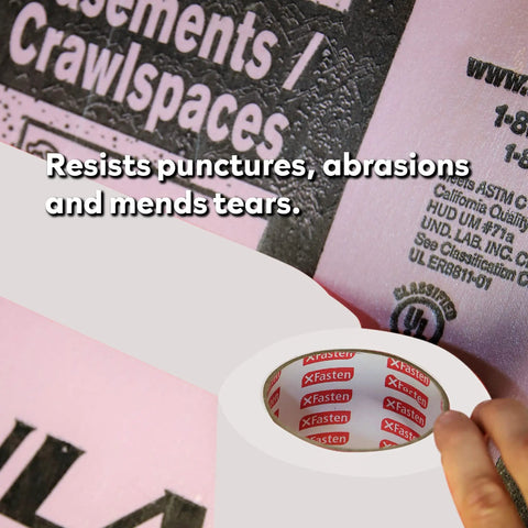 White Vapor Barrier Tape 9 Mil Thick, 3.78-Inch by 60-Yards Waterproof Moisture Barrier With Silicone Adhesive in use on pink insulation