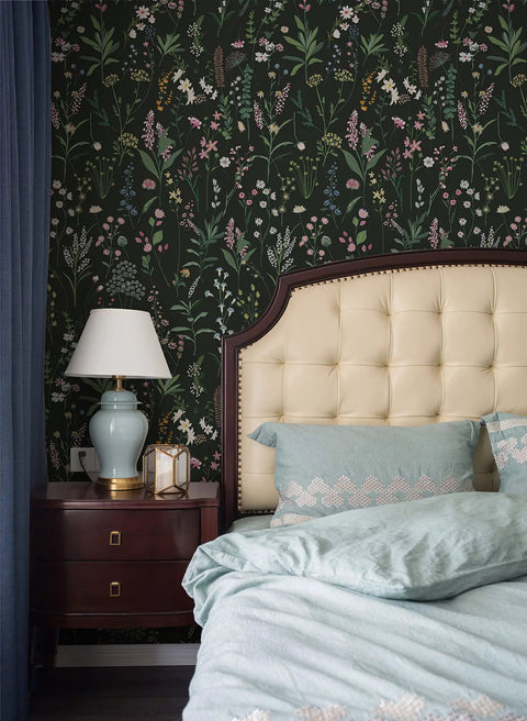 Bedroom with Floral Peel And Stick Vinyl Wallpaper For Kitchen Cabinets And Furniture, renter friendly DIY wall covering displayed.