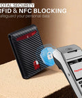 Ultra Slim RFID Blocking Wallet For Men With 12 Card Capacity near payment terminal showing security feature