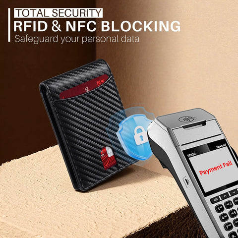Ultra Slim RFID Blocking Wallet For Men With 12 Card Capacity near payment terminal showing security feature