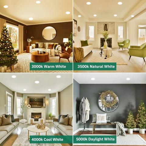 Living rooms lit by Six Inch Ultra Thin LED Recessed Ceiling Light Kit With Junction Box 5CCT Selectable, showing 3000K to 5000K settings.