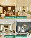 Living room scenes with 12 Pack 4 Inch Ultra Thin LED Recessed Ceiling Lights With Junction Box 5CCT Dimmable 3000K to 5000K.