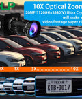 Ultra HD 20MP Varifocal USB 3.0 Camera For PC And Raspberry Pi with 5-50mm 10X Manual Zoom, shown capturing car details.