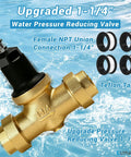 Brass 1-1/4 inch pressure reducing valve with black adjustment cap and threaded NPT ends; includes Teflon tape