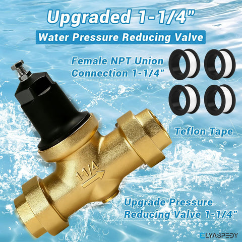 Brass 1-1/4 inch pressure reducing valve with black adjustment cap and threaded NPT ends; includes Teflon tape
