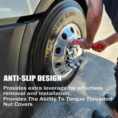 Effortless 33mm Aluminum Lug Nut Covers Remover Tool used on truck wheel