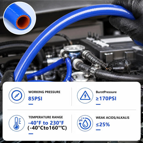 Heavy Duty 5/8 Inch Silicone Heater Hose 16 Foot Long High Temp Reinforced Radiator Line shown installed in an engine bay.